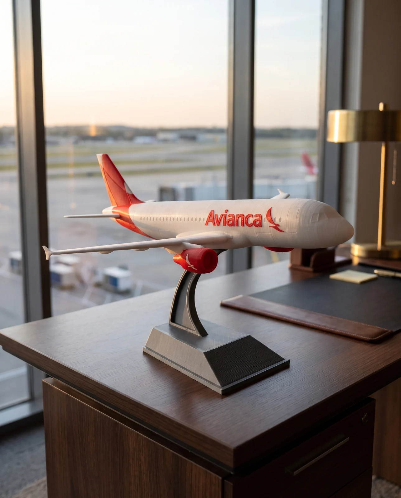 Avión a escala de Avianca sobre un escritorio de madera frente a una ventana del aeropuerto