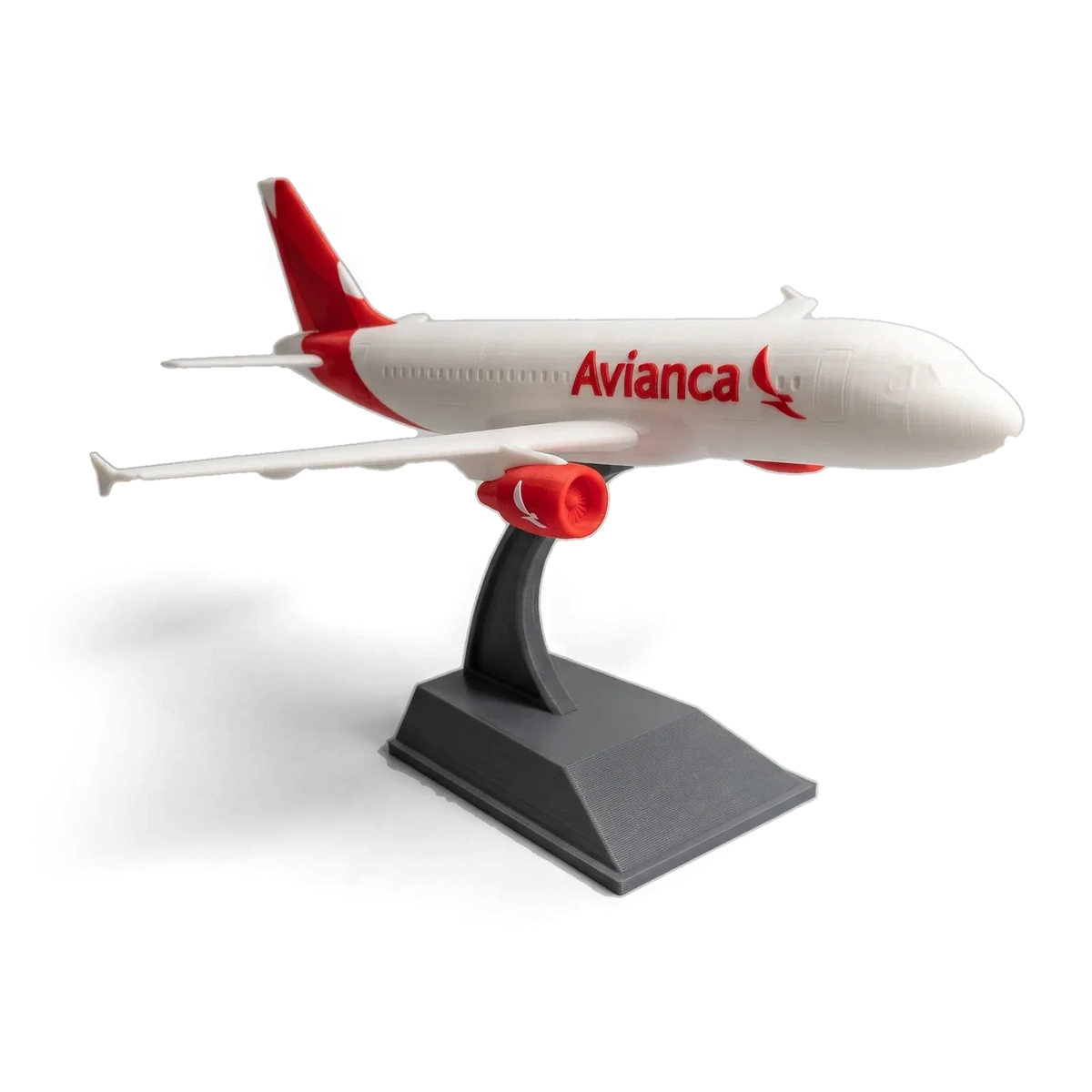 Avión a escala de Avianca sobre su base, impreso en 3D