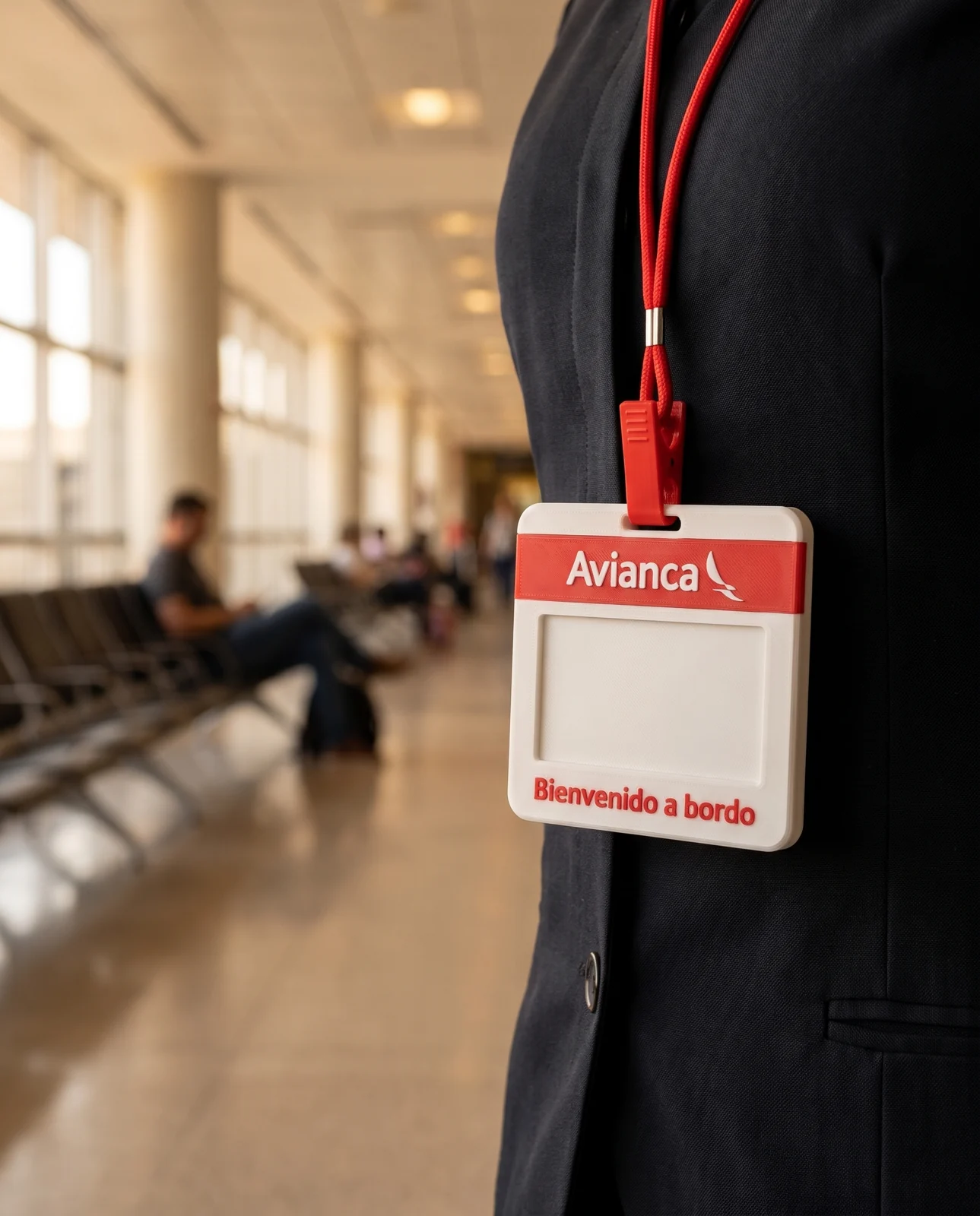 Portacredencial de Avianca con la leyenda Bienvenido a bordo, colgado del cuello de un tripulante en un aeropuerto