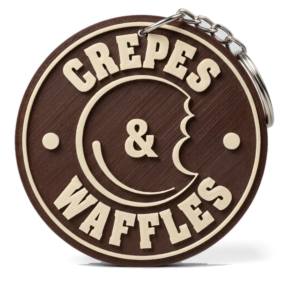 Llavero con el logo de Crepes & Waffles en relieve, impreso en 3D