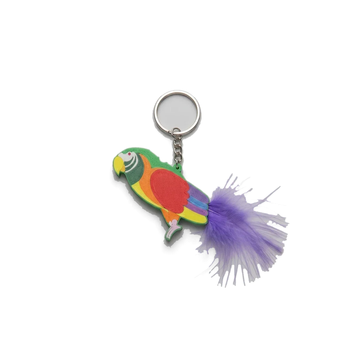 Llavero del lorito de Crepes & Waffles con plumas de colores, impreso en 3D