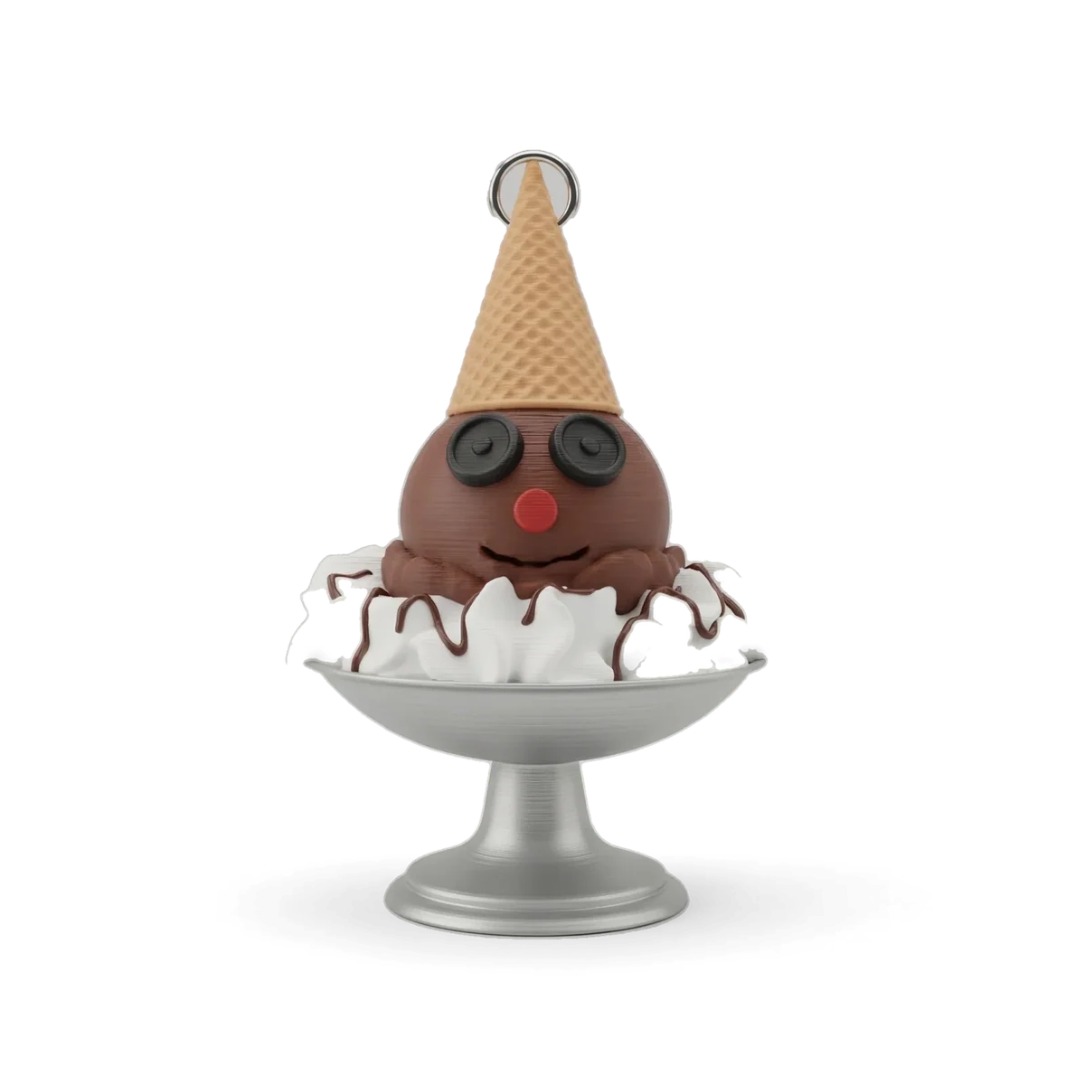 Figura del payaso de Crepes & Waffles: copa de helado de chocolate con cono de sombrero, impresa en 3D