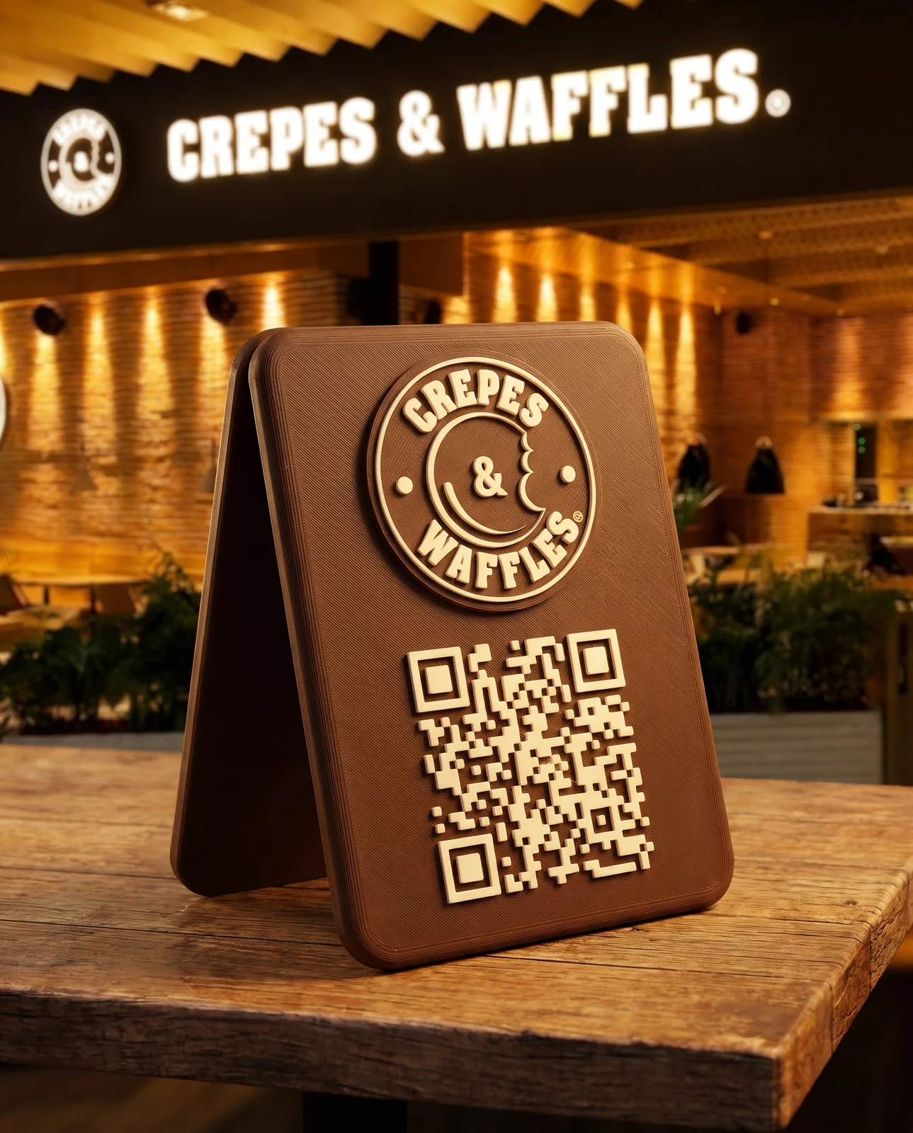 Soporte de mesa de Crepes & Waffles con su logo y un código QR, sobre una mesa de madera en el restaurante