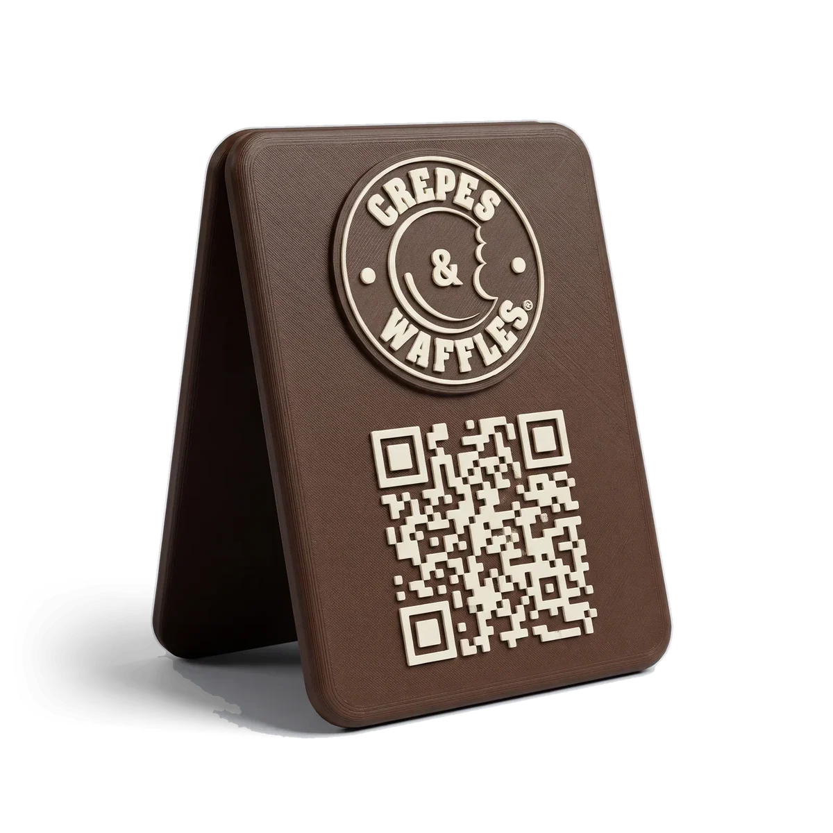 Soporte de mesa con el logo de Crepes & Waffles y un código QR, impreso en 3D