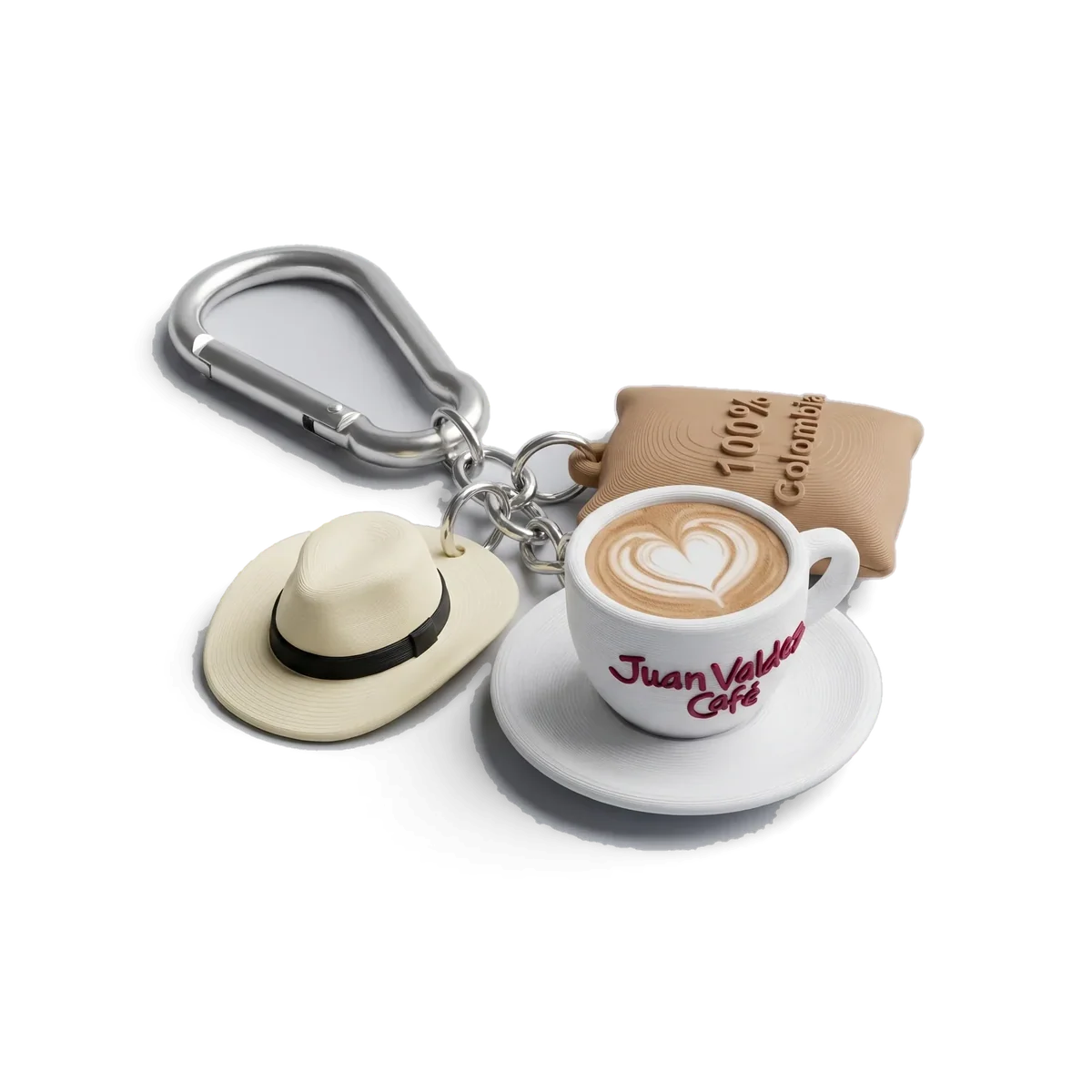 Llavero de charms de Juan Valdez: sombrero, taza y bolsa de café, impreso en 3D