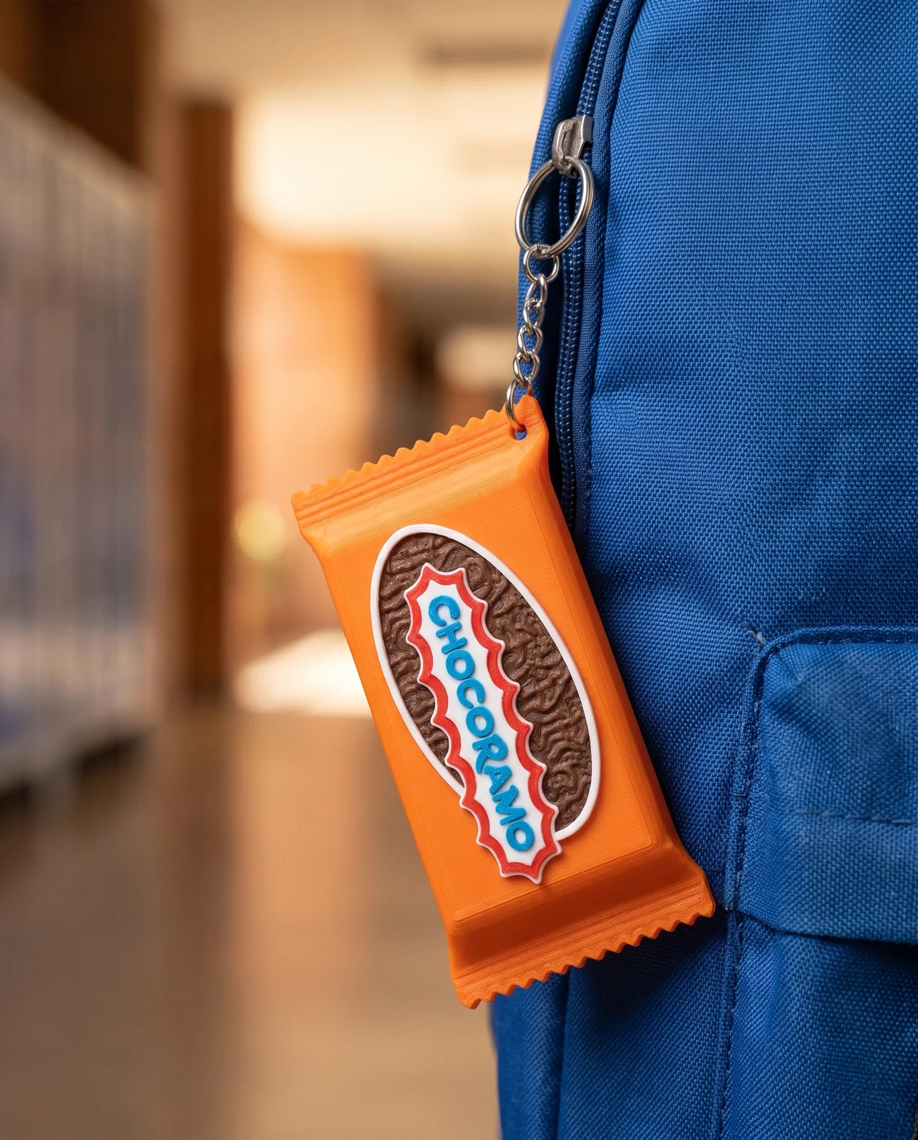 Llavero de Chocorramo colgando de una mochila azul