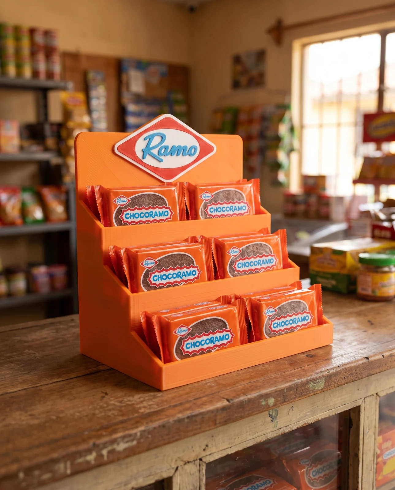 Exhibidor naranja de Ramo con Chocorramo sobre el mostrador de una tienda de barrio